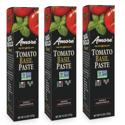 Amore Vegan Basil Tomato Paste In A Tube (4.5oz) - Non GMO Certified and Made In Italy (3 pack)