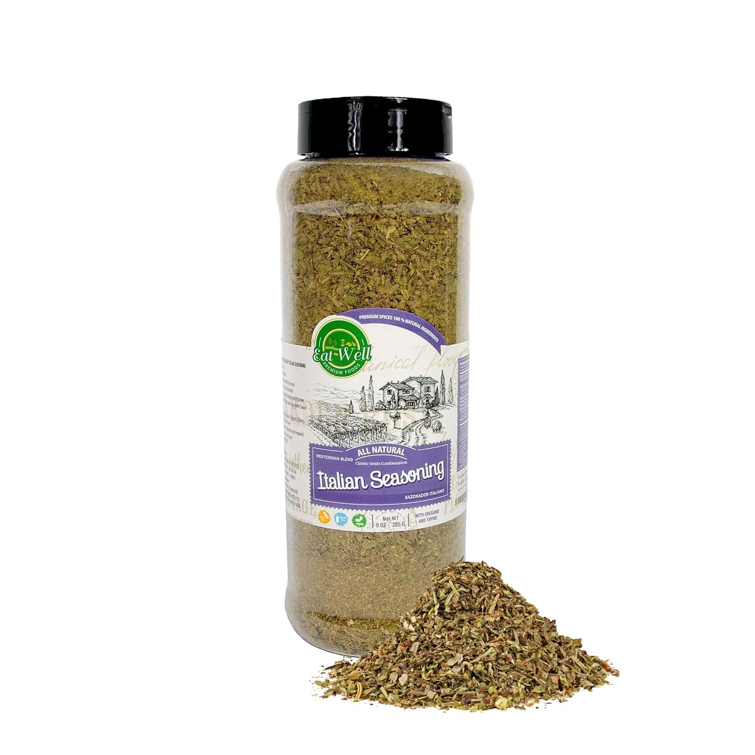 Eat Well Premium Foods Italian Seasoning 9 oz Shaker Bottle, Classic Blend of Herbs with Oregano &amp; Thyme, 100% Natural Dried Mixed Herbs for Cooking Mixed Italian Spices, Bulk Size Herb Seasoning Mix