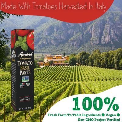 Amore Vegan Basil Tomato Paste In A Tube (4.5oz) - Non GMO Certified and Made In Italy (3 pack)
