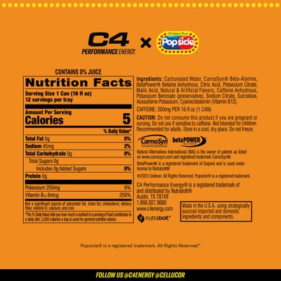 Cellucor C4 Energy Drink x POPSICLE Hawaiian Pineapple, Carbonated Sugar Free Pre Workout Performance Drink with no Artificial Colors or Dyes, 16 Oz, Pack of 12