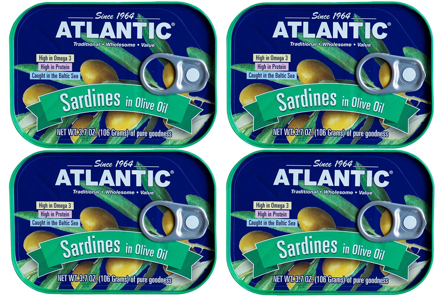 ATLANTIC - Wild Caught Sardines, Keto &amp; Paleo Friendly, Total 14.8oz (Four Cans) (Olive Oil)