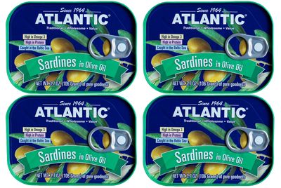 ATLANTIC - Wild Caught Sardines, Keto &amp; Paleo Friendly, Total 14.8oz (Four Cans) (Olive Oil)