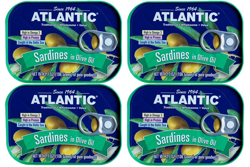 ATLANTIC - Wild Caught Sardines, Keto &amp; Paleo Friendly, Total 14.8oz (Four Cans) (Olive Oil)