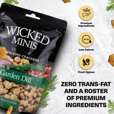 Wicked Minis Soup &amp; Oyster Crackers - Saltine Crackers Salted Flavored Mini Puffed Soup Crackers, Savory Snacking Mix, Seasoned Croutons Salad Toppers, Crackers for Chili 6oz (Garden Dill)