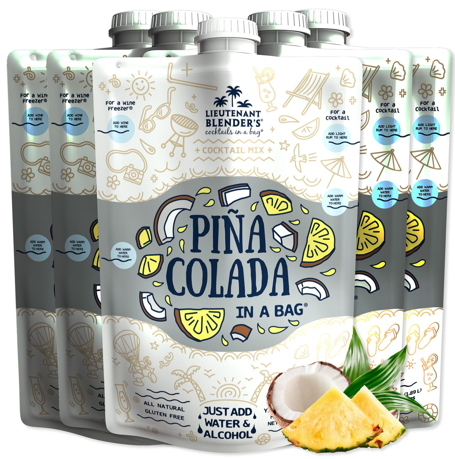 Lt. Blender&#39;s Pina Colada in a Bag - Pina Colada Drink Mix - Each Bag Makes 1/2 Gallon of Slushie Pina Colada Mix - Cocktail Mix - Make a Cocktail, Wine Slushie or Mocktail - (Pack of 5)
