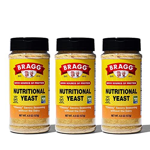 Bragg Nutritional Yeast Seasoning - Vegan, Gluten Free Cheese Flakes - Good Source of Protein &amp; Vitamins - Nutritious Savory Parmesan Cheese Substitute - Non GMO Verified, 4.5 ounce, 3-Pack