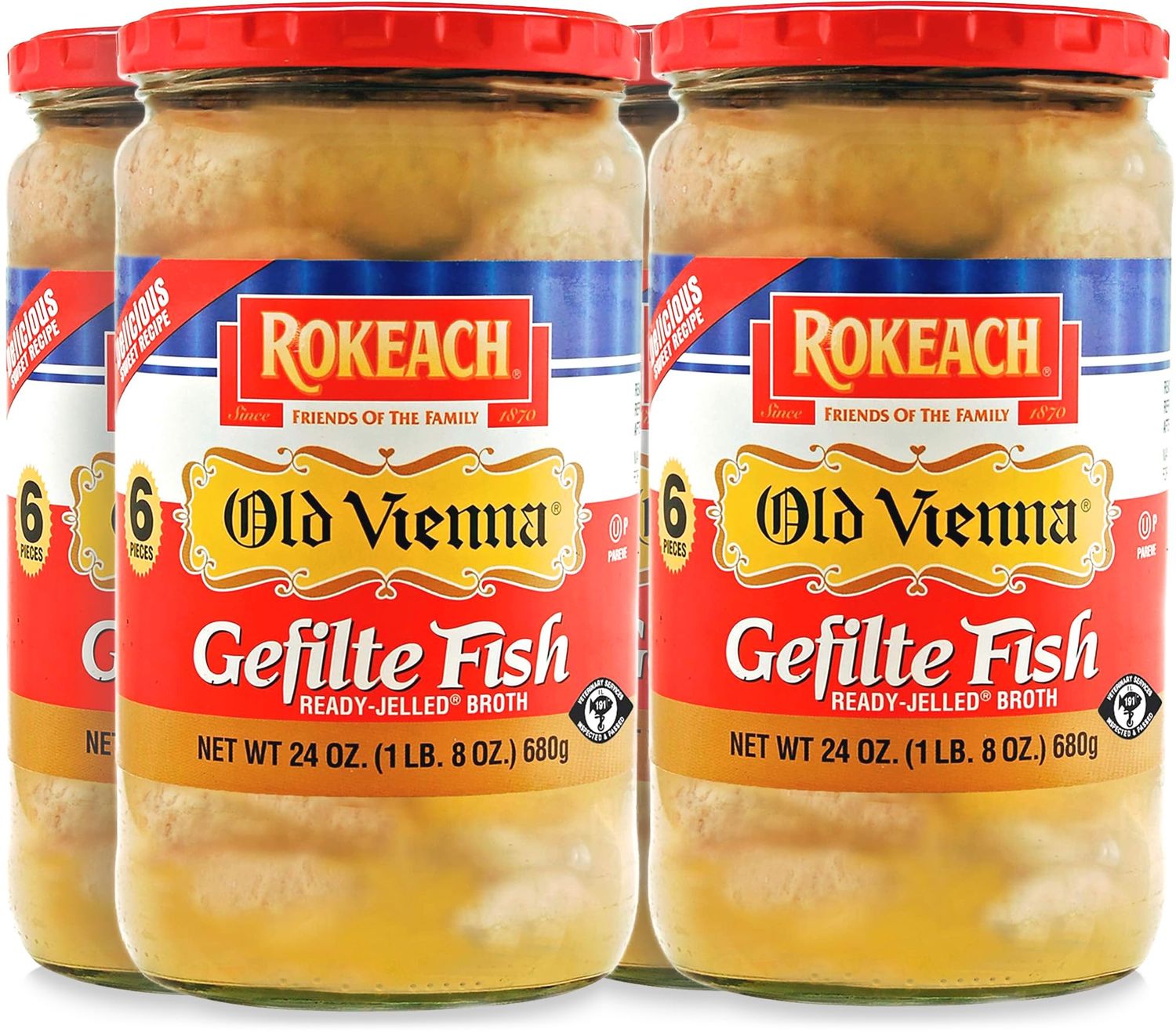 Rokeach Old Vienna Gefilte Fish, 24 oz Jar (4 Pack) | Delicious Sweet Gefilte Fish | Kosher for Passover