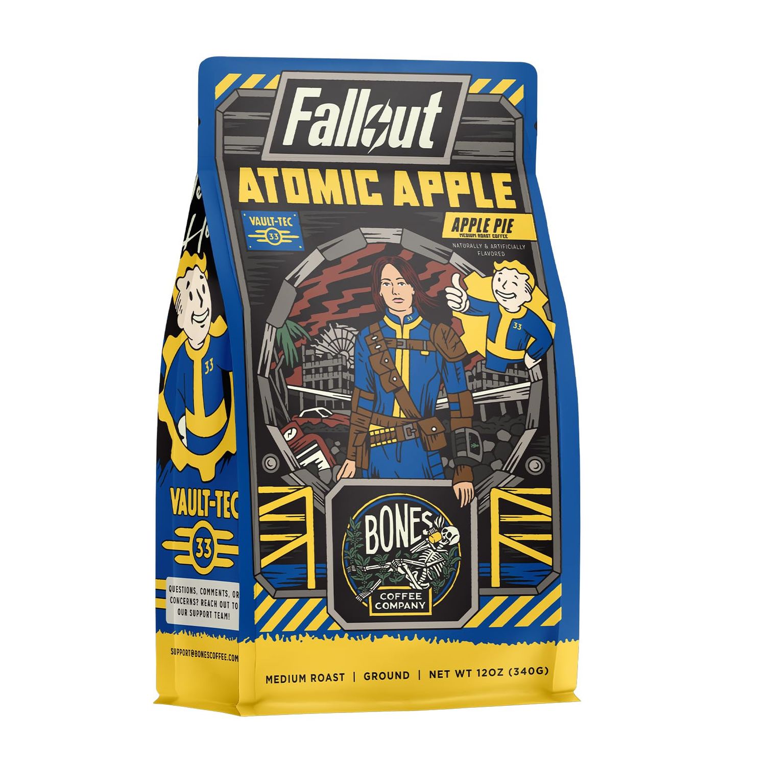 Bones Coffee Company Atomic Apple, Apple Pie Flavor Ground Coffee Beans, Low Acid Flavored Coffee, Made with Arabica Coffee Beans, Medium Roast Coffee Inspired by Fallout (12 oz)