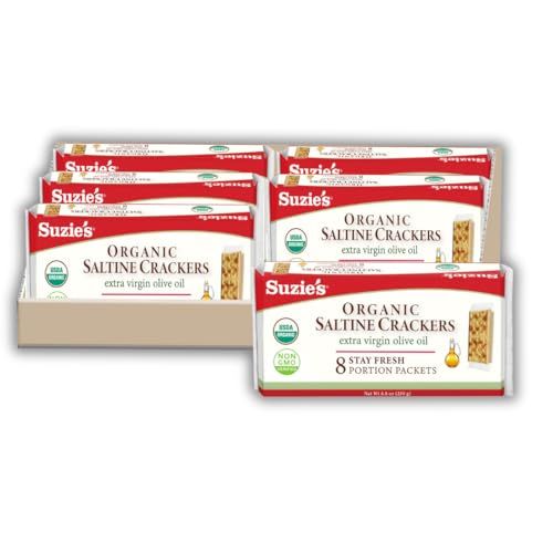 Suzie&#39;s Organic Saltines Crackers|Salted w/Extra Virgin Olive Oil|Low Saturated Fat|Healthy Gourmet Baked Vegan Snack for Adults &amp; Children| 6 Packs (48 individual Stay Fresh Packs) - 8.8oz Each
