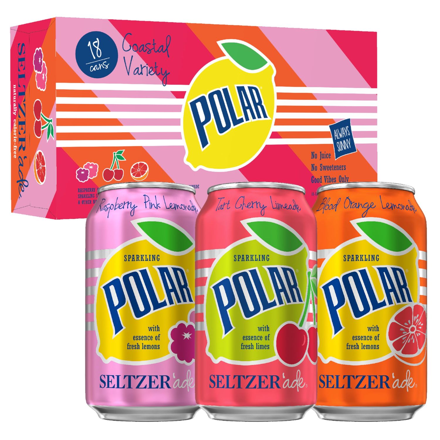Polar Seltzer&#39;ade Coastal Variety Pack, 12 fl oz cans, 18 pack