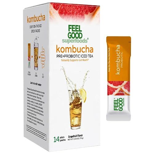 FeelGood Superfoods Kombucha Iced Tea Packets, Delicious Grapefruit Flavored Refreshing Instant Kombucha Powder Fizzy Drink, Probiotic Supplement for Gut Health, 14 pack