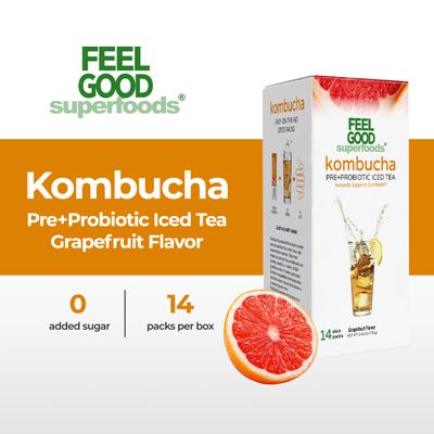 FeelGood Superfoods Kombucha Iced Tea Packets, Delicious Grapefruit Flavored Refreshing Instant Kombucha Powder Fizzy Drink, Probiotic Supplement for Gut Health, 14 pack