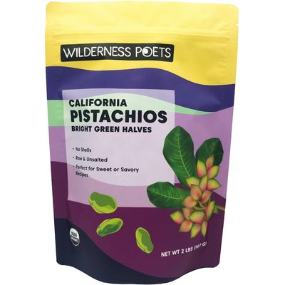 Wilderness Poets, Organic Pistachios - Bright Green Pistachio Nut Halves, No Salt, No Shells, Grown in California (2 Pound)