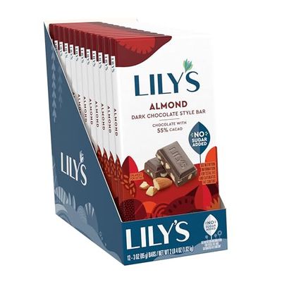 LILY&#39;S Almond Dark Chocolate Style No Sugar Added, Sweets Bars, 3 oz (12 Count)