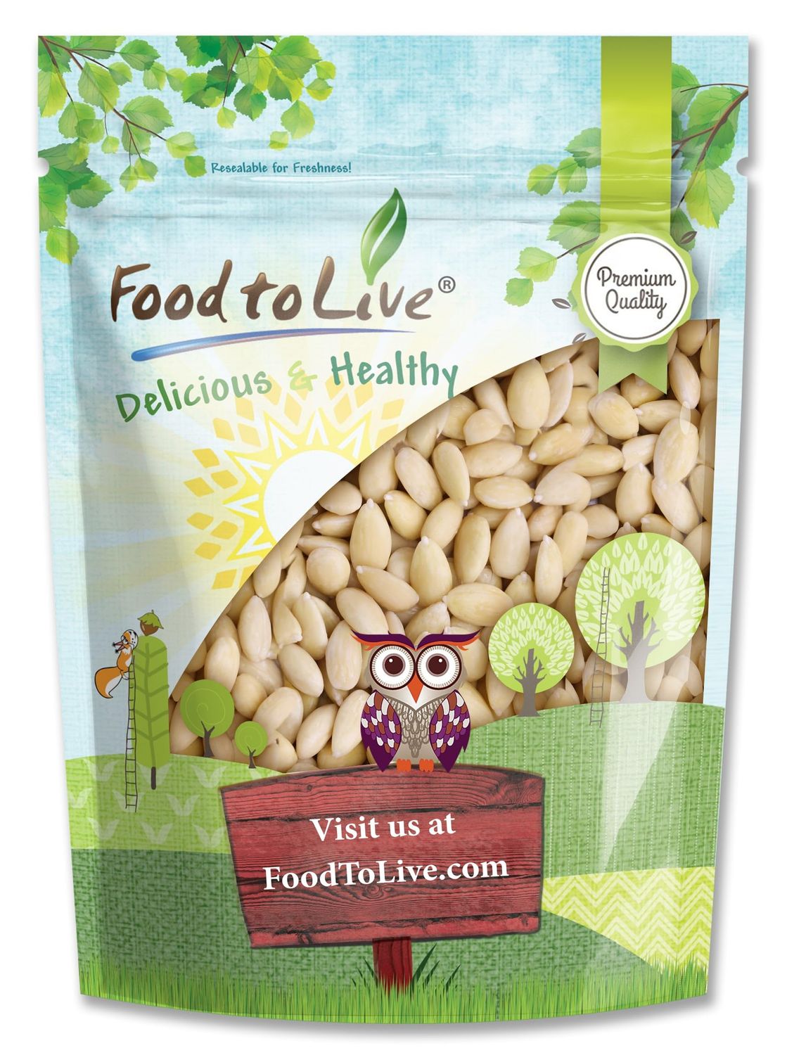 Food to Live - Blanched Whole Almonds, 8 Ounces - Raw, Skinless, Unsalted, Keto, Vegan, Kosher, Bulk. High in Protein, Fiber, Vitamin E, Riboflavin.