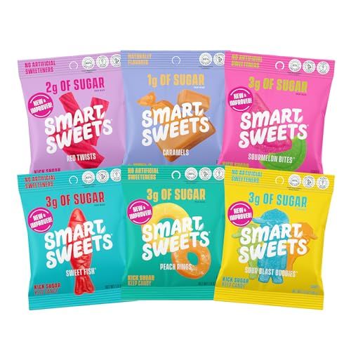 SmartSweets Variety Pack Sampler, Pack of 6 Individual Flavors, Low Sugar &amp; Calorie Candy - Sweet Fish, Sourmelon Bites, Peach Rings, Sour Blast Buddies, Red Twists, &amp; New Soft Caramels