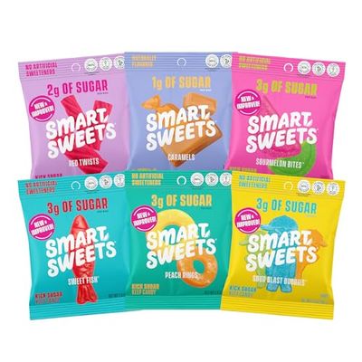SmartSweets Variety Pack Sampler, Pack of 6 Individual Flavors, Low Sugar &amp; Calorie Candy - Sweet Fish, Sourmelon Bites, Peach Rings, Sour Blast Buddies, Red Twists, &amp; New Soft Caramels