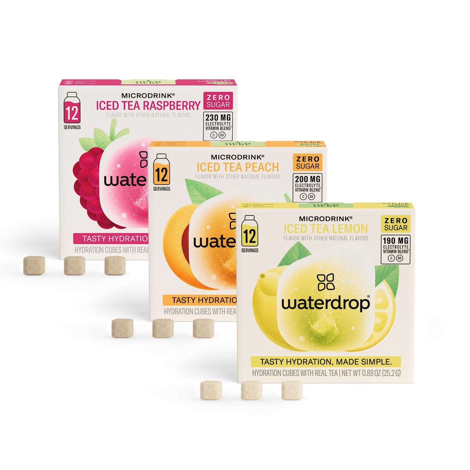 Waterdrop Hydration Cubes Iced Tea Variety Pack, Raspberry, Peach &amp; Lemon, On the Go Water Enhancer with Vitamins &amp; Electrolytes for Still &amp; Sparkling Water, Sugar &amp; Gluten Free, Non GMO, Vegan, 36 CT