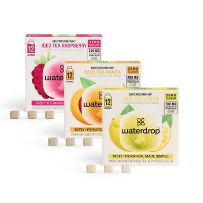 Waterdrop Hydration Cubes Iced Tea Variety Pack, Raspberry, Peach &amp; Lemon, On the Go Water Enhancer with Vitamins &amp; Electrolytes for Still &amp; Sparkling Water, Sugar &amp; Gluten Free, Non GMO, Vegan, 36 CT