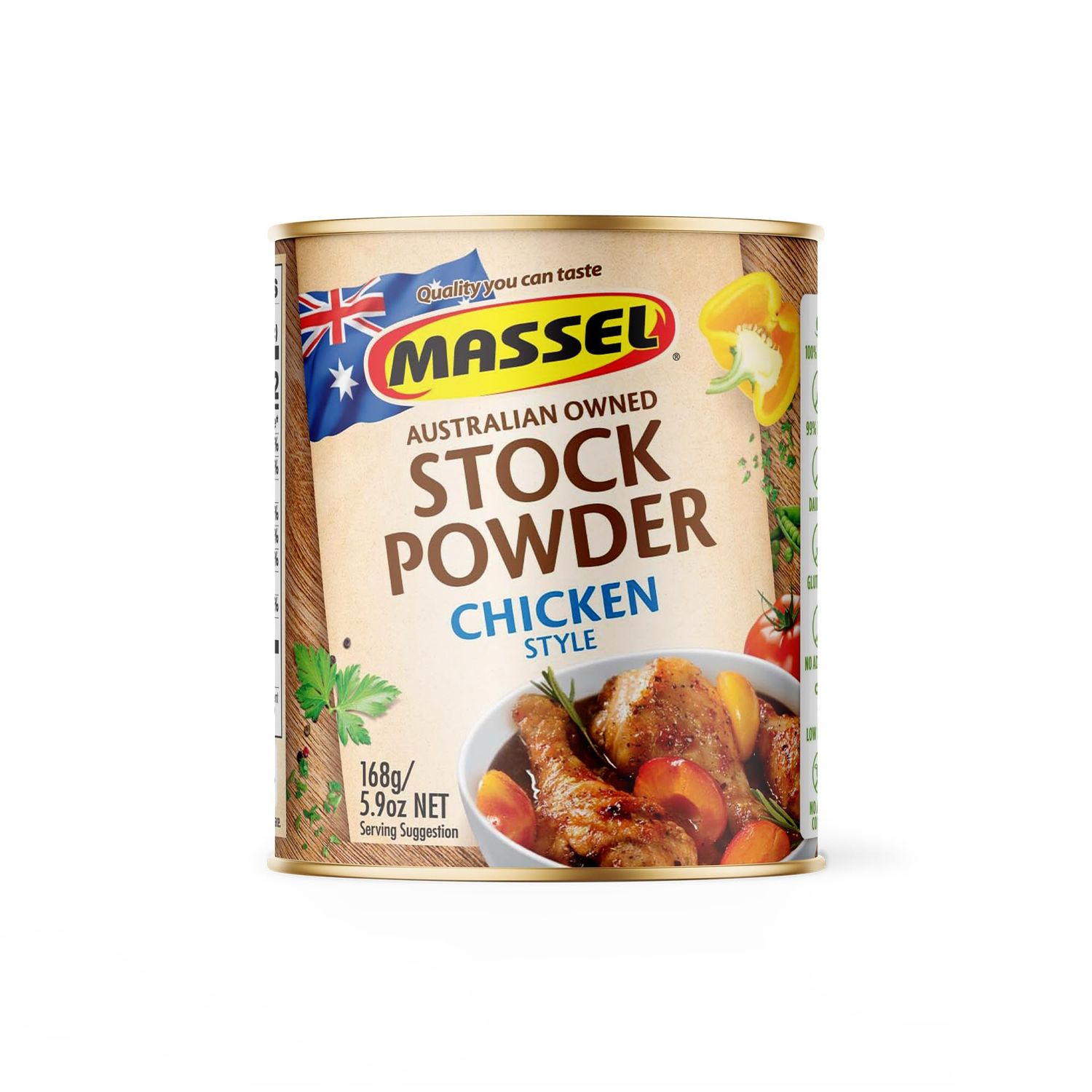 Massel Chicken Style Bouillon Powder, Gluten Free, Low Fodmap Stock, Fat Free, MSG Free, Dairy Free, Non GMO, 0g Trans Fat, Soup Base Seasoning For Ramen, Soup, Stew, No Animal Content, 1 Pack, 168g