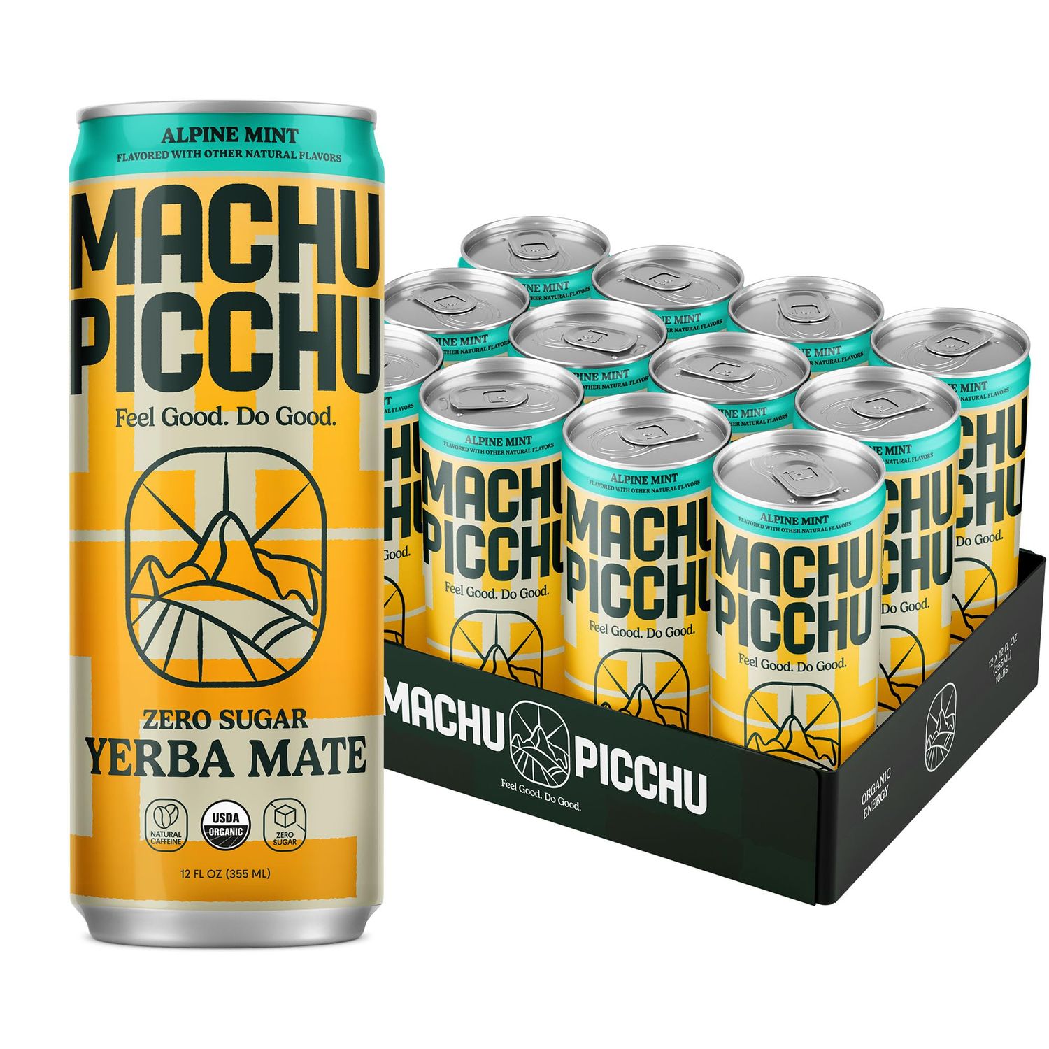 MACHU PICCHU ENERGY, Zero Sugar Yerba Mate, Clean Energy Drink Alternative, 12oz (Pack of 12) - 120mg Organic Green Coffee Bean Caffeine, Low Calorie, USDA Organic, No Artificial Flavors (Alpine Mint)