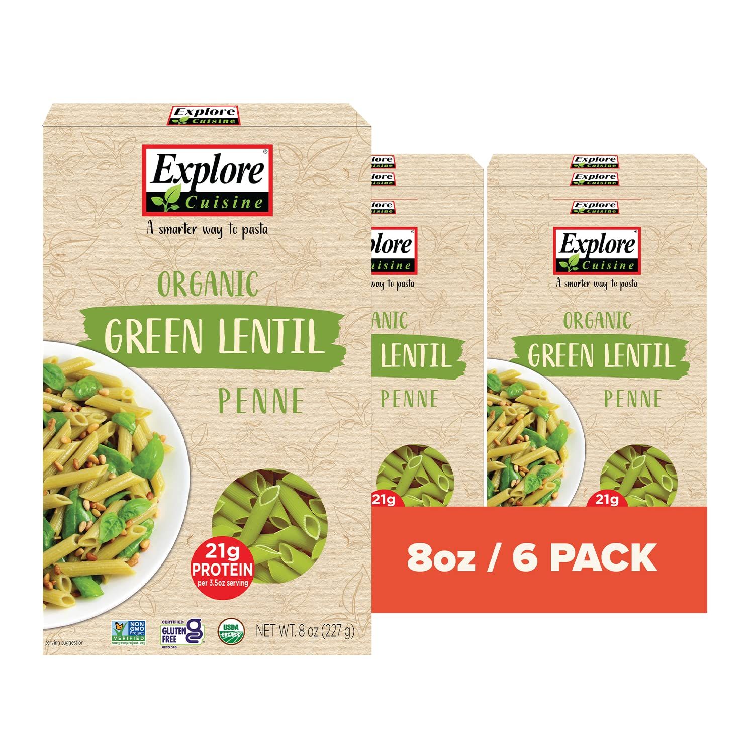 Explore Cuisine Organic Green Lentil Penne - Pack of 6 (8 oz) - Easy-to-Make Gluten Free Pasta - High in Plant Protein &amp; Fiber - Organic, Non-GMO - 48 Total Servings