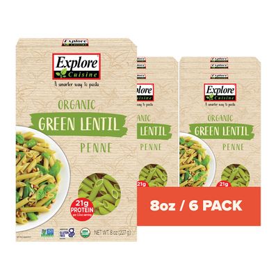 Explore Cuisine Organic Green Lentil Penne - Pack of 6 (8 oz) - Easy-to-Make Gluten Free Pasta - High in Plant Protein &amp; Fiber - Organic, Non-GMO - 48 Total Servings