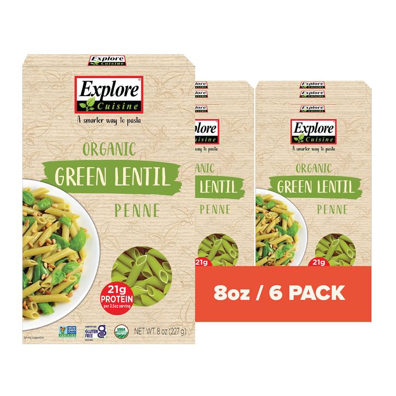Explore Cuisine Organic Green Lentil Penne - Pack of 6 (8 oz) - Easy-to-Make Gluten Free Pasta - High in Plant Protein &amp; Fiber - Organic, Non-GMO - 48 Total Servings