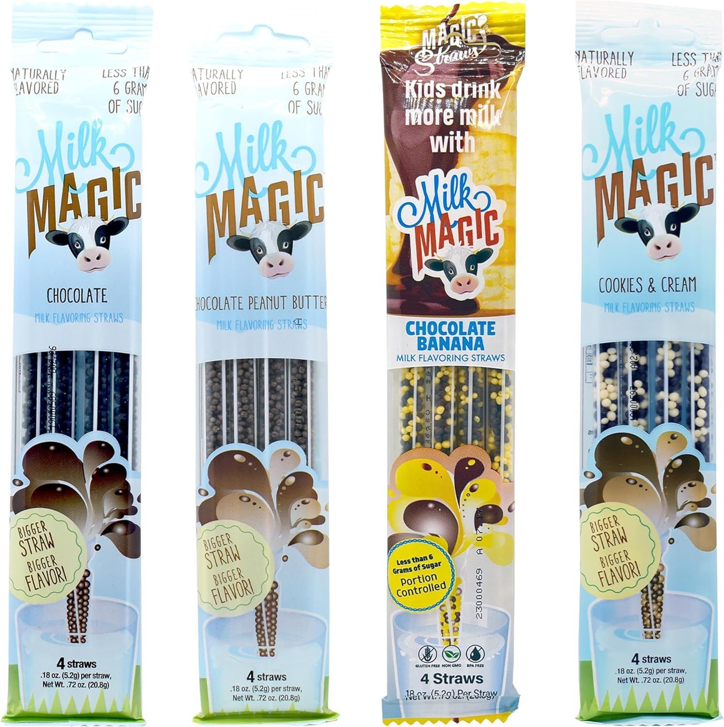 Milk Magic Milk Flavoring Straws, 4-Pack Bundle (16 count), Includes 4 Chocolate, 4 Chocolate Peanut Butter, 4 Chocolate Banana, and 4 Cookies &amp; Cream Cereal Straws