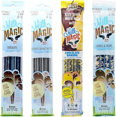 Milk Magic Milk Flavoring Straws, 4-Pack Bundle (16 count), Includes 4 Chocolate, 4 Chocolate Peanut Butter, 4 Chocolate Banana, and 4 Cookies &amp; Cream Cereal Straws