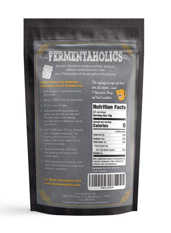 Fermentaholics USDA Certified Organic Kombucha Tea Blend 8 oz | Makes 22 Gallons | Kosher Certified | Organic Black and Green Tea Blend | Loose Leaf