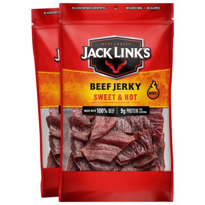 Jack Link&#39;s Beef Jerky, Sweet &amp; Hot - Spicy Everyday Snack, 9g of Protein and 80 Calories, Made with 100% Beef - 96% Fat Free, No Added MSG** - 9 Oz. (Pack of 2)