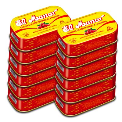 Canned Sardines in Harissa Oil - Canned Mediterranean Sardines without Heads from El Manar - 12-Pack of 125g Tins