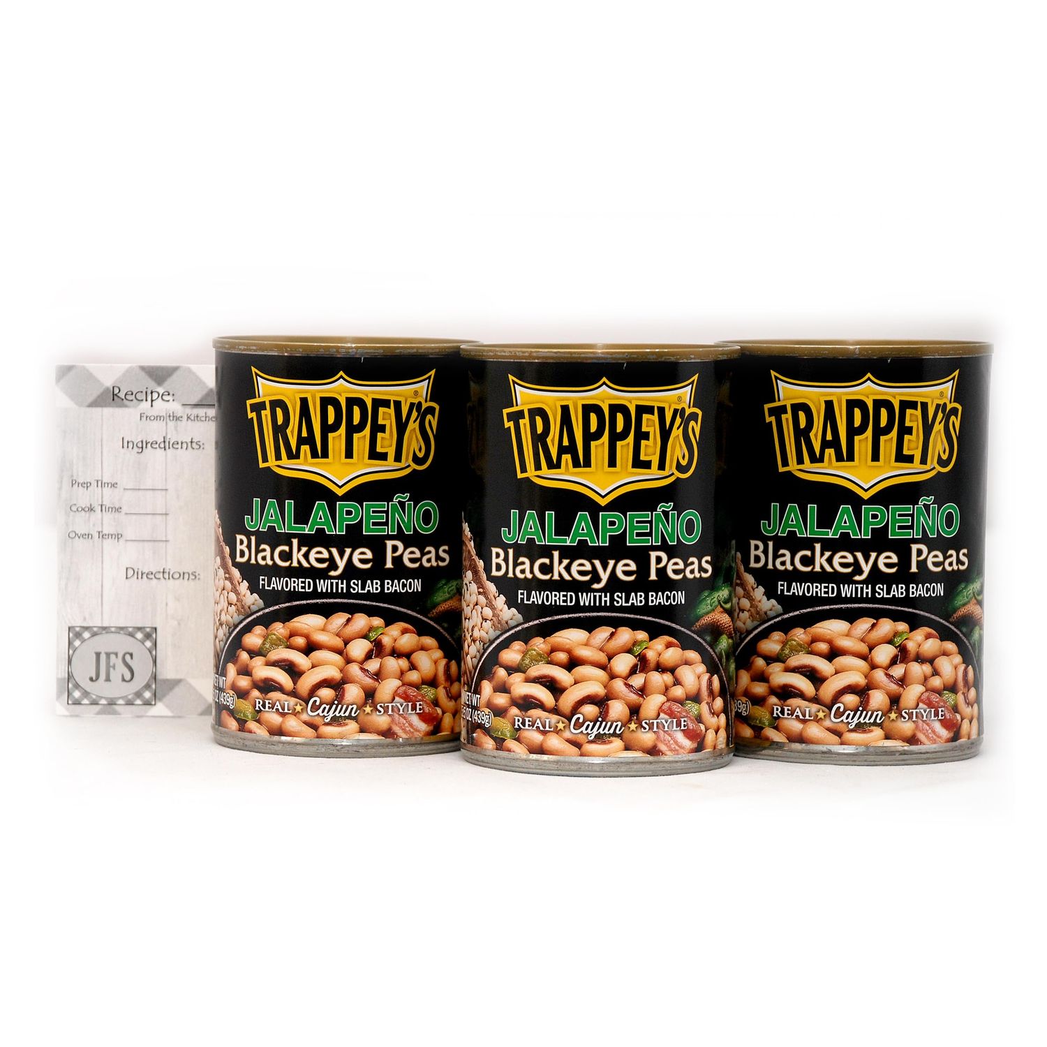 Trappey&#39;s Bacon Flavored Blackeyed Peas with Jalapenos, 15 Ounce Cans, (Pack of 3) Bundled with a JFS Recipe Card