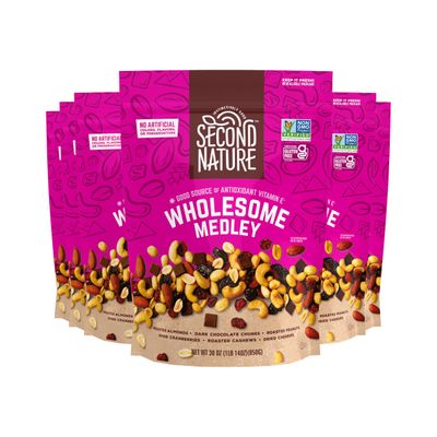 Second Nature Wholesome Medley Trail Mix - 30 oz Resealable Snack Pouches (Pack of 6), Certified Gluten-Free Snack - Dark Chocolate, Dried Fruit and Nut Trail Mix, Ideal for Travel Snacks