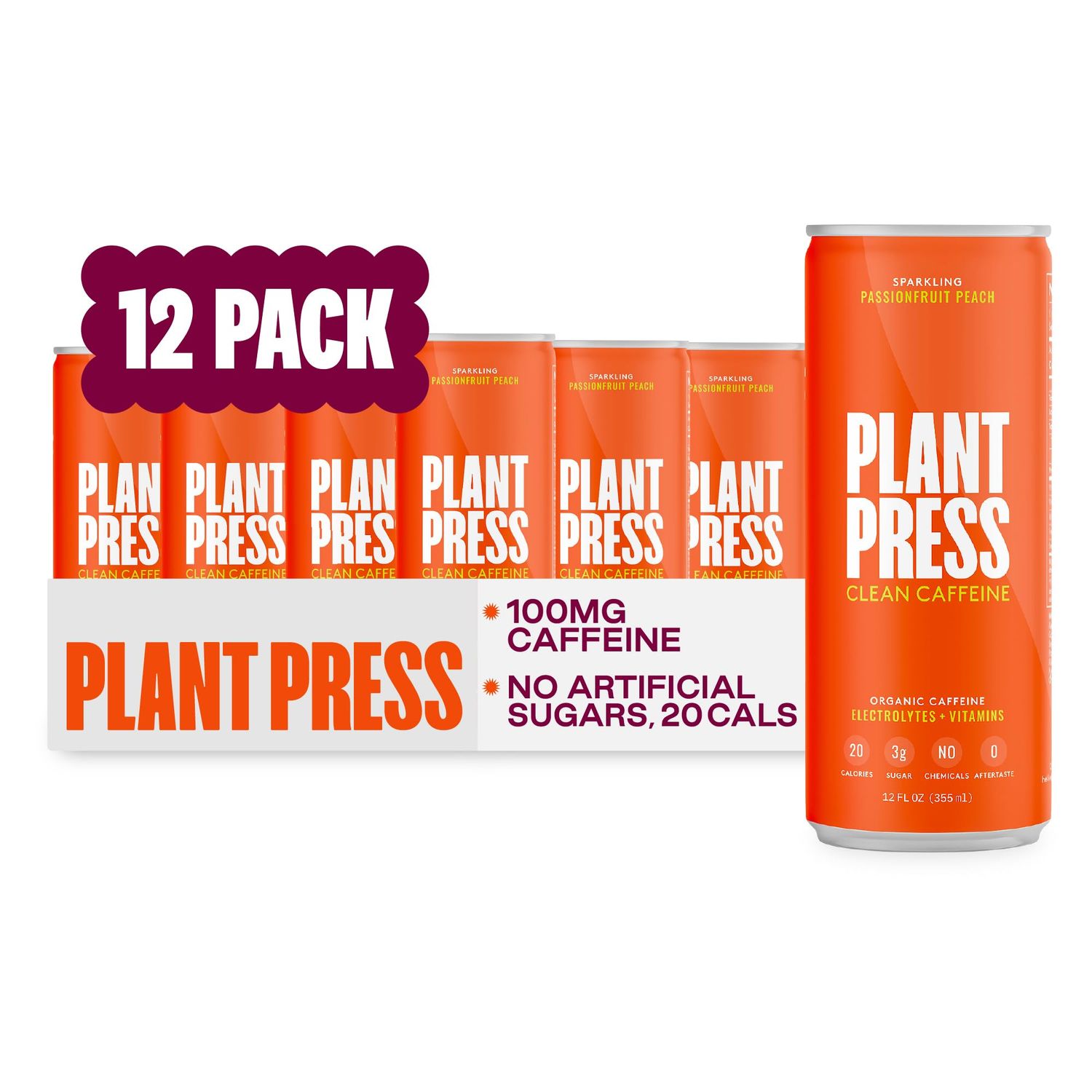 Plant Press - Passionfruit Peach, Organic Clean Caffeine Energy Drink &amp; Coffee Alternative, Full Range of Vitamins, Electrolytes, No Sugar Alcohols, No Preservatives (12 Fl Oz, 12 Pk)