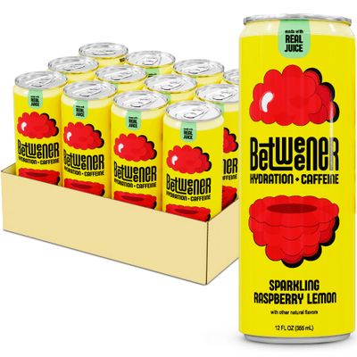 Betweener Sparkling Energy, Sparkling Water w/Real Juice &amp; 100mg Caffeine, Light &amp; Refreshing, L-Theanine for Focus, Vitamins B+C - Low Sugar - 45 Cals - Raspberry Lemon (12 Pack)