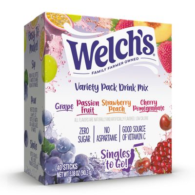 Welch&#39;s Singles To Go Variety Pack, Watertok Powdered Drink Mix, Includes 4 Flavors, Grape, Passion fruit, Strawberry Peach, Cherry Pomegranate, 1 Box (40 Servings)