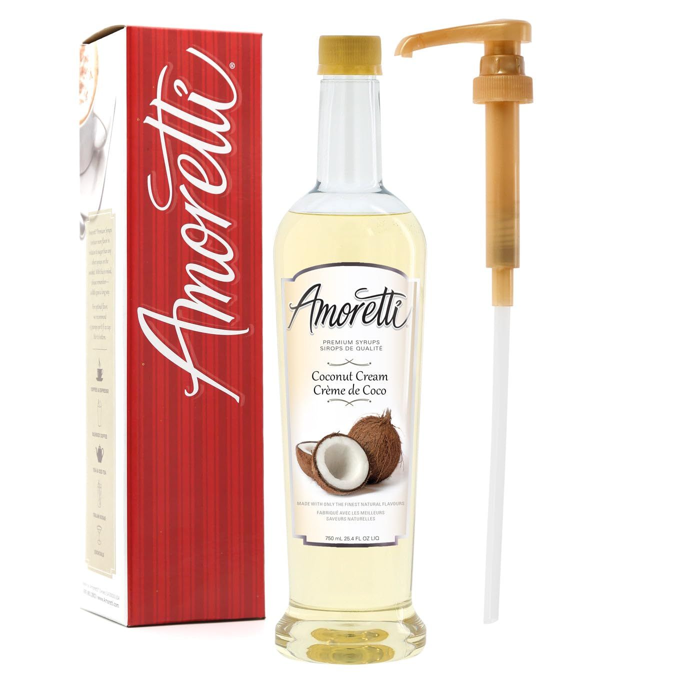 Amoretti - Premium Coconut Cream Syrup, 94 Servings Per Bottle (750 ml), with Pump for Flavoring Coffees, Cocktails, and other Beverages, Gluten Free, GMO/GEO Free, Preservative Free