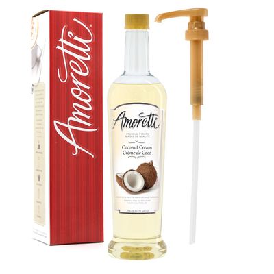Amoretti - Premium Coconut Cream Syrup, 94 Servings Per Bottle (750 ml), with Pump for Flavoring Coffees, Cocktails, and other Beverages, Gluten Free, GMO/GEO Free, Preservative Free