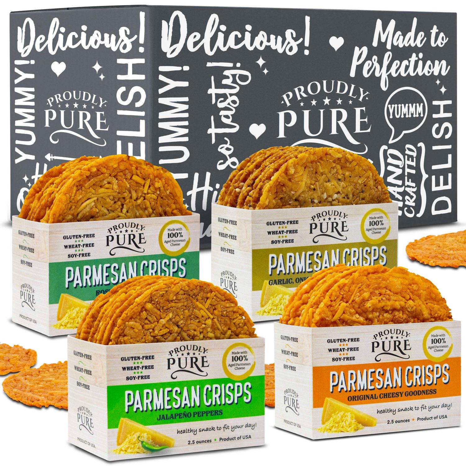 Proudly Pure Parmesan Cheese Crisps - Keto Snacks Zero Carb Crunchy Delicious Healthy 100% Natural Aged Cheesy Parm Chips Wheat &amp; Gluten Free Keto Crackers Low Carb Snacks (Variety Pack, 4 Pack)