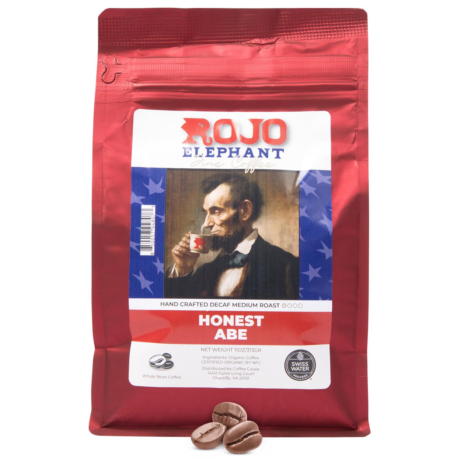 Rojo Elephant Honest Abe Handcrafted Decaf Whole Bean Coffee, Single-Origin 100% Arabica Beans, Premium Roast, Smooth, Rich Flavor, Swiss Water, Mountain Water Process, Decaffeinated, 11 0z Pack
