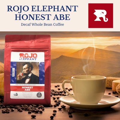 Rojo Elephant Honest Abe Handcrafted Decaf Whole Bean Coffee, Single-Origin 100% Arabica Beans, Premium Roast, Smooth, Rich Flavor, Swiss Water, Mountain Water Process, Decaffeinated, 11 0z Pack