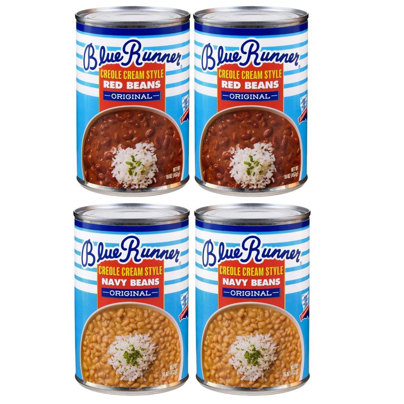 Blue Runner Creole Cream Style Red Beans and Nevy Beans Sampler, 16 Ounce (Pack of Two Each) - Easy Heat and Serve Beans for Delicious Meals - Authentic New Orleans Flavor