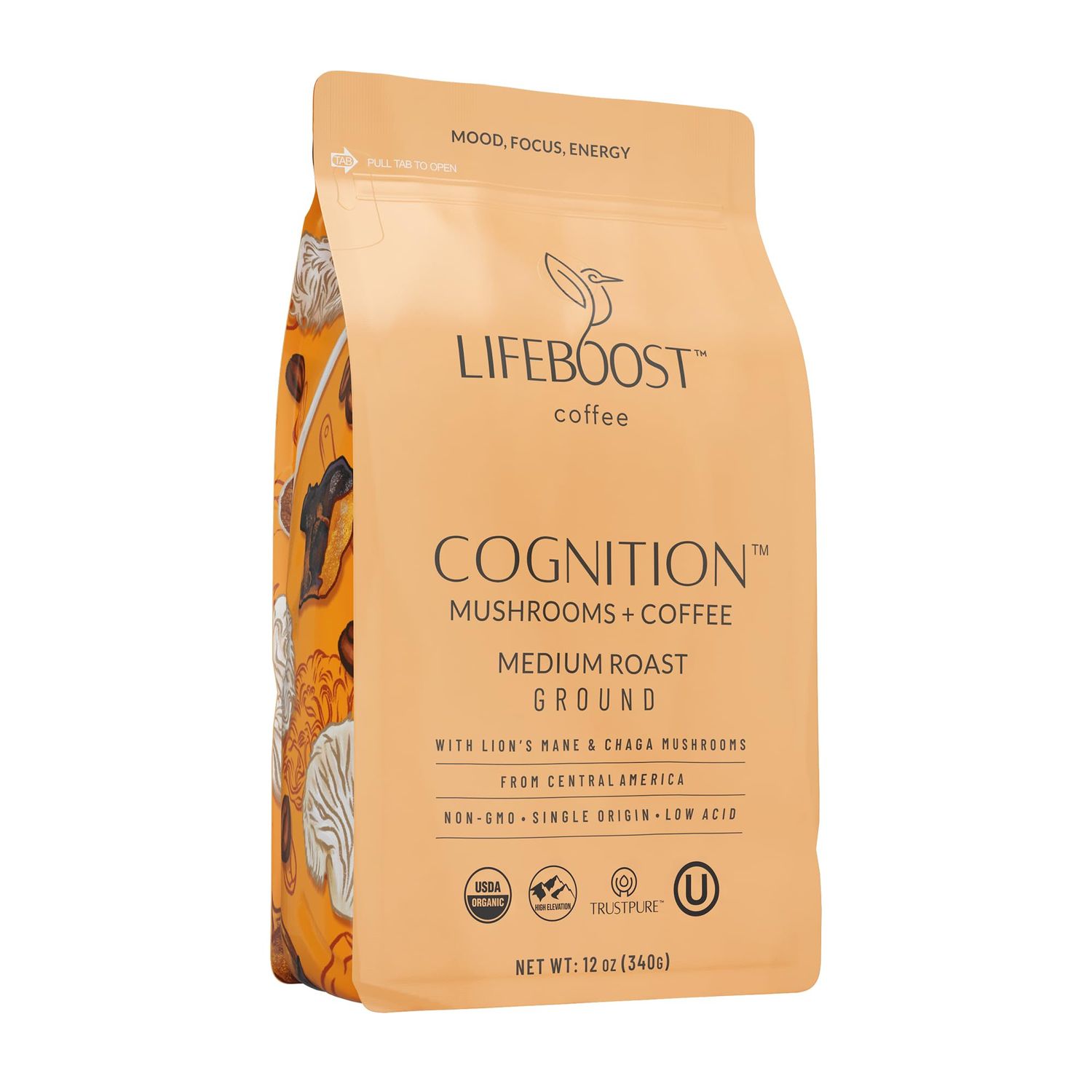 Lifeboost Cognition Adaptogenic Mushroom Coffee - Lions Mane &amp; Chaga Nootropic Coffee - Great Tasting Medium Organic Coffee - Increase Energy, Boost Focus &amp; Immune Support - 12 oz Bag - Ground