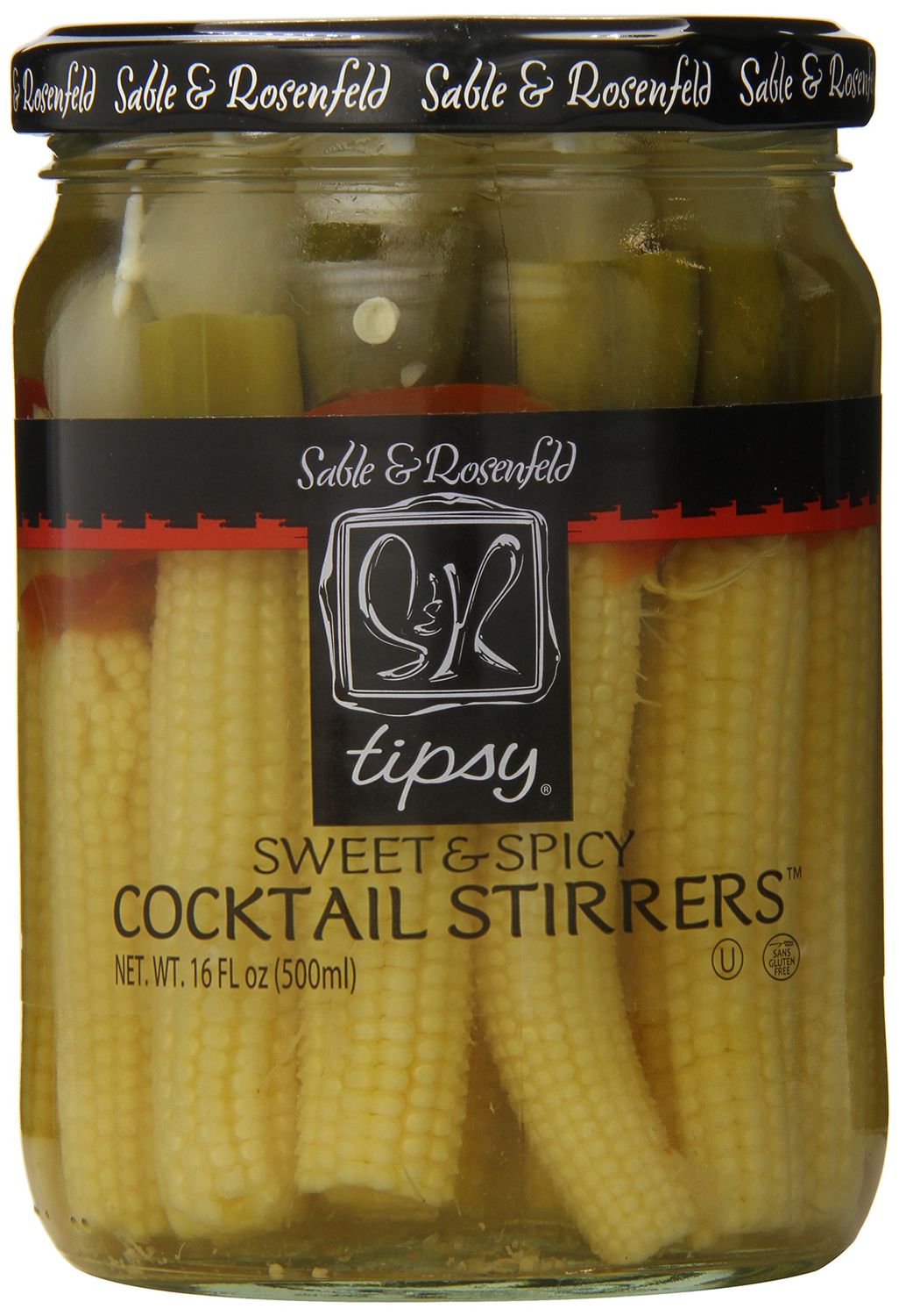 Sweet &amp; Spicy Cocktail Stirrers - Baby Corn, Bell Pepper, Okra &amp; Carrot Pickled Vegetables Skewer, Cocktail Garnish, Bloody Mary - Sable and Rosenfeld - 16 Fl Oz - (Pack 1)