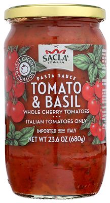 Sacla Whole Cherry Tomatoes &amp; Basil Pasta Sauce, Vegan, 24 Ounces (Pack Of 6)
