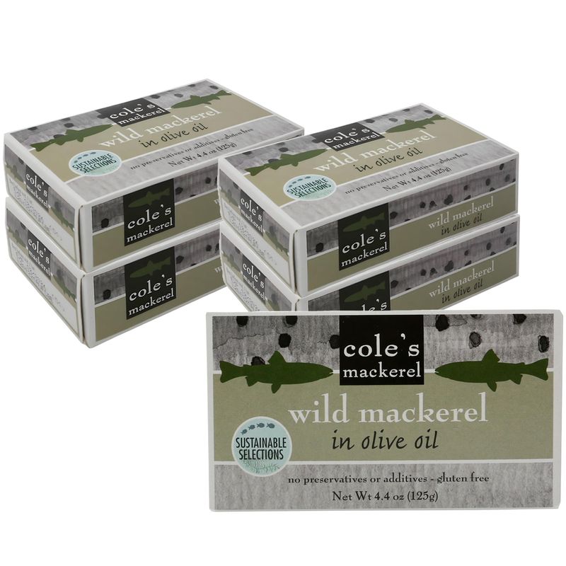 Cole&#39;s Pack of 5 Wild Mackerel in Olive Oil - Canned &amp; Jarred Seafood, Skinless, Boneless, Small Atlantic Mackerel Fish, Preservative &amp; Gluten Free