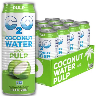 C2O - Coconut Water with Pulp (12 Pack) - Made with Fresh Coconut Water - Plant Based - Non GMO - Canned Water - Natural Hydration, Essential Electrolytes, &amp; Potassium - 12 Cans, 17.5 FL OZ