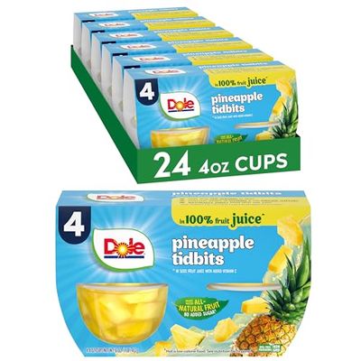 Dole Fruit Bowls Pineapple Tidbits in 100% Juice Snacks, 4oz 24 Total Cups, Gluten &amp; Dairy Free, Bulk Lunch Snacks for Kids &amp; Adults